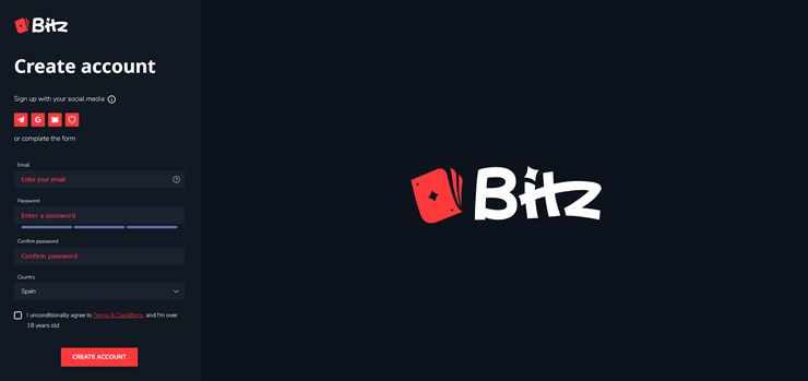 bitz casino sign up form