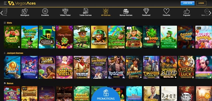 vegas aces a top real money online casino - screenshot of homepage