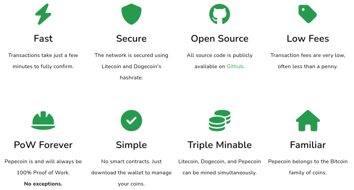 Pepecoin’s perks, as listed on its official website.