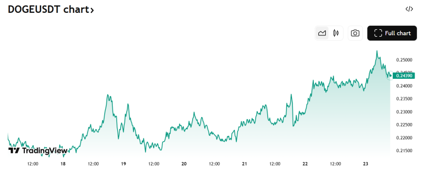 Dogecoin koers/USDT afgelopen week - Bron: TradingView