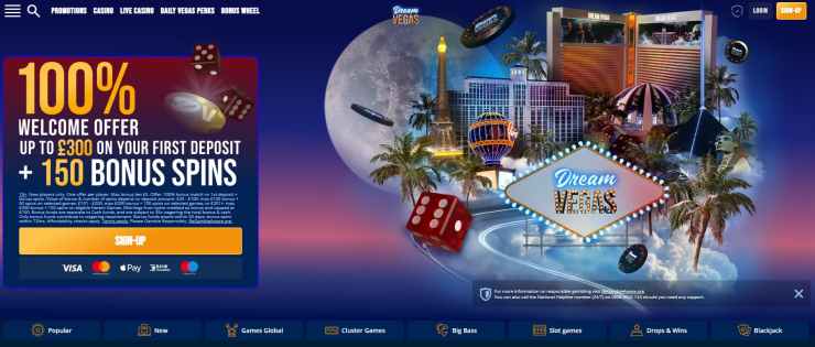 Dream Vegas homepage with a welcome bonus on the left and a miniature version of Las Vegas on the right