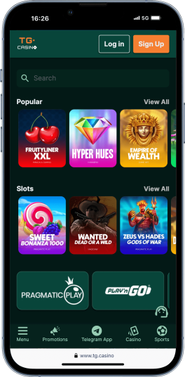 a mobile screenshot of the game lobby at TG.Casino
