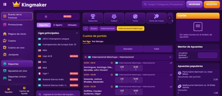 Kingmaker incluye predicciones de boxeo simples y combinadas.