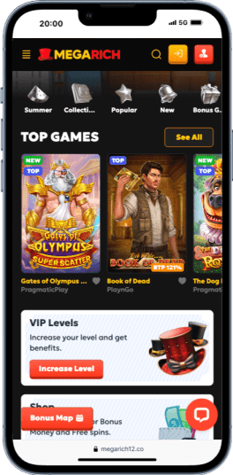 The MegaRich homepage on mobile.