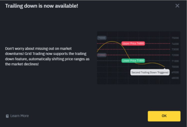 Trailing down futures feature on Binance