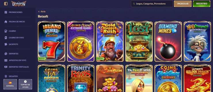 Divaspin permite filtrar la selección de juegos de casino de Betsoft y ver sus novedades