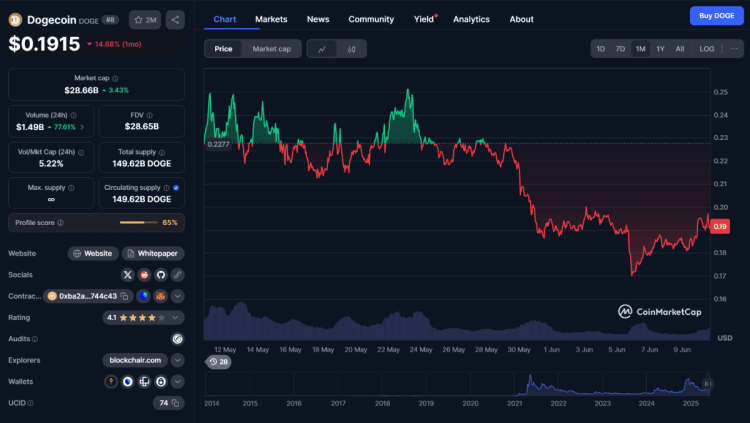 Dogecoin traukiasi po įspūdingo pakilimo 