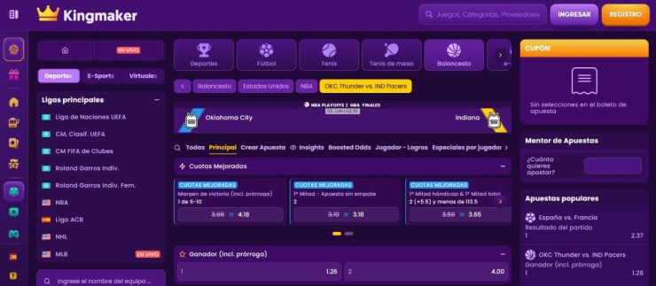 En Kingmaker encontrarás cientos de cuotas de baloncesto para la NBA, ACB y más competiciones