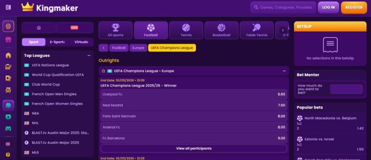 Kingmaker cuenta con cientos de mercados para la Champions League en cualquiera de sus fases