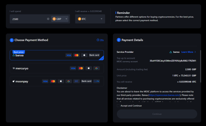 A billing page when buying crypto from MEXC.