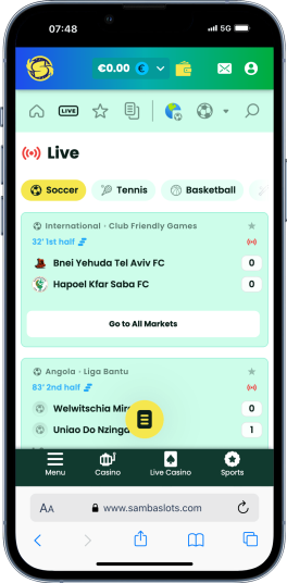 Samba Slots mobile website with betting markets