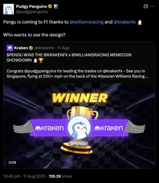 퍼지 펭귄이 크라켄의 F1 대회 우승 토큰 $PENGU 발표 소식을 리포스트한 게시글