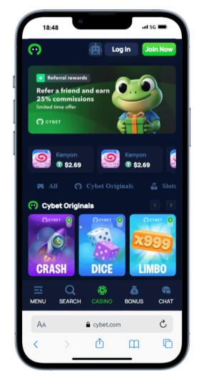 Cybet mobile interface highlighting crash, dice, and limbo games at Litecoin Casino Australia..
