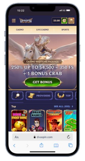 The DivaSpin homepage on mobile.