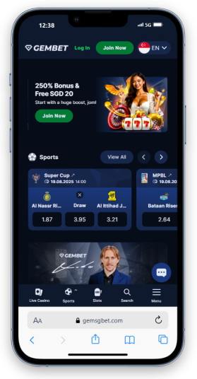 The GemBet Singaporean homepage on mobile.