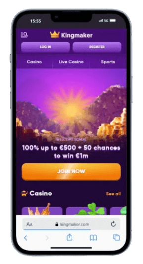 The Kingmaker homepage on mobile.
