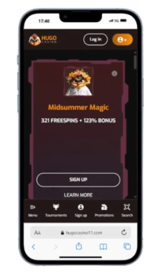 The Hugo Casino homepage on mobile.