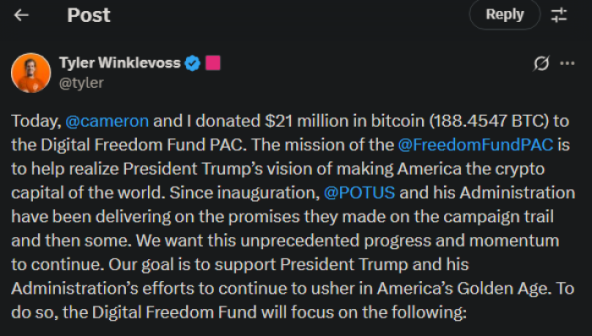 타일러 윙클보스가 프리덤 펀드 PAC에 2,100만 달러 기부를 발표했다.