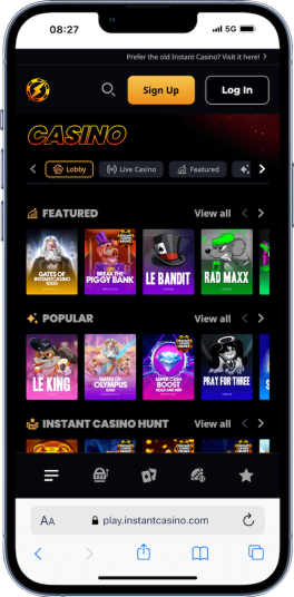 mobile screenshot of instant Casino showing the game lobby