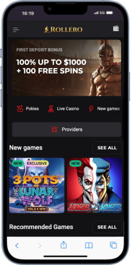 The Rollero homepage on mobile.