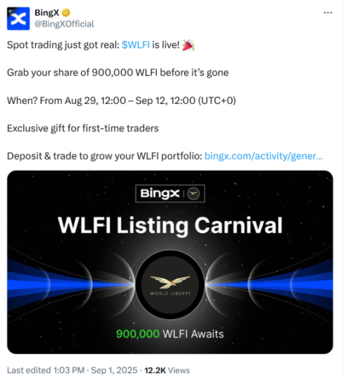 BingX X announcement of WLFI listing carnival