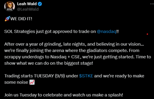  Leah Wald’s post on X after SOL Strategies trade on NASDAQ.