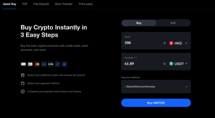 MEXC's Quick Buy page where you can buy crypto with Apple Pay and Google Pay.