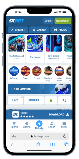The 1xBet homepage on mobile. 