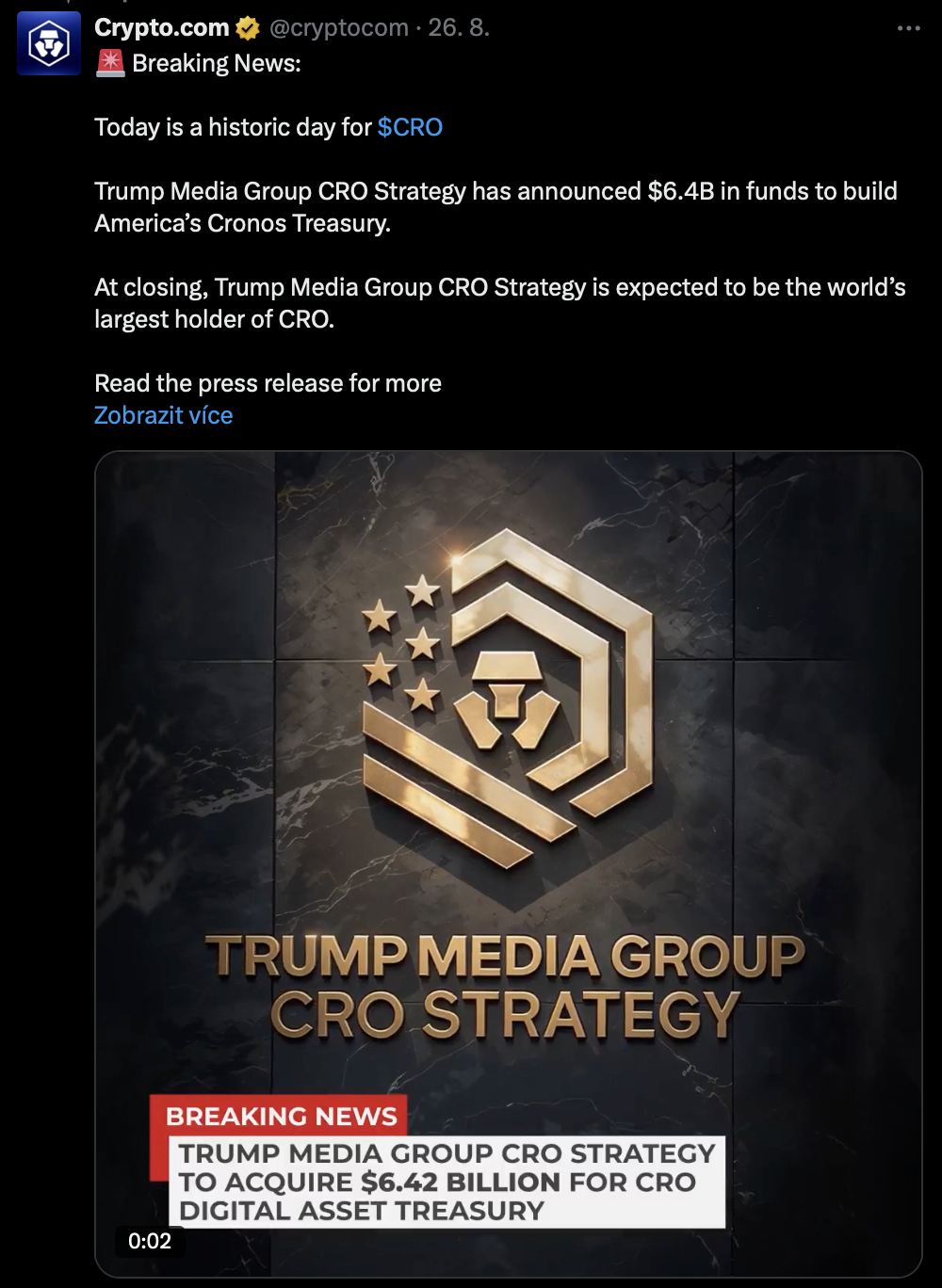 Investice Donalda Trumpa do kryptoměny cronos