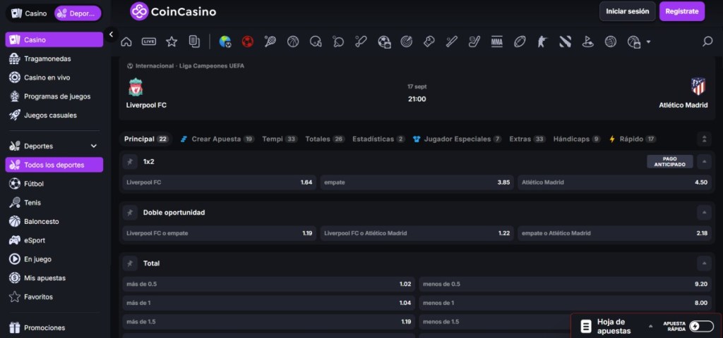 Coincasino permite apostar en la Champions League