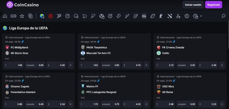 CoinCasino ofrece cientos de apuestas de la Europa League en su web