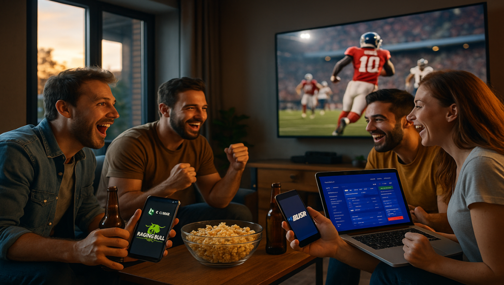 [image of friends watching a game while using different DraftKings alternative sites] 