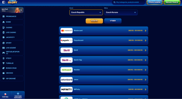 Platební metody ve sázkové kanceláři Spins of Glory