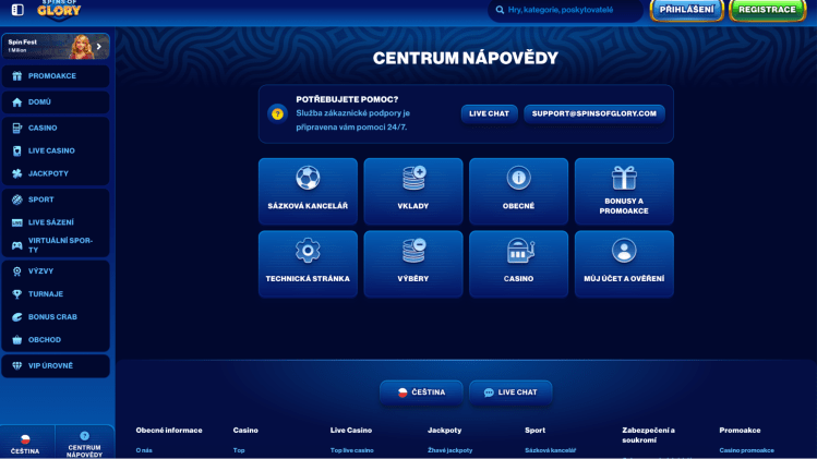 Ukázka zákaznické podpory v Spins of Glory