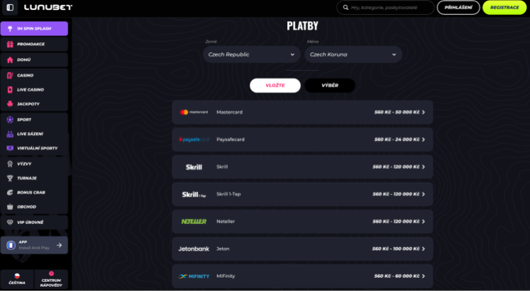 Platební metody ve sázkové kanceláři Lunubet zahraniční sázkové kanceláře