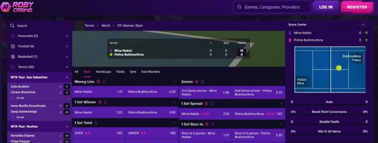 Roby Casino permite hacer apuestas de tenis en vivo en cualquier momento del día
