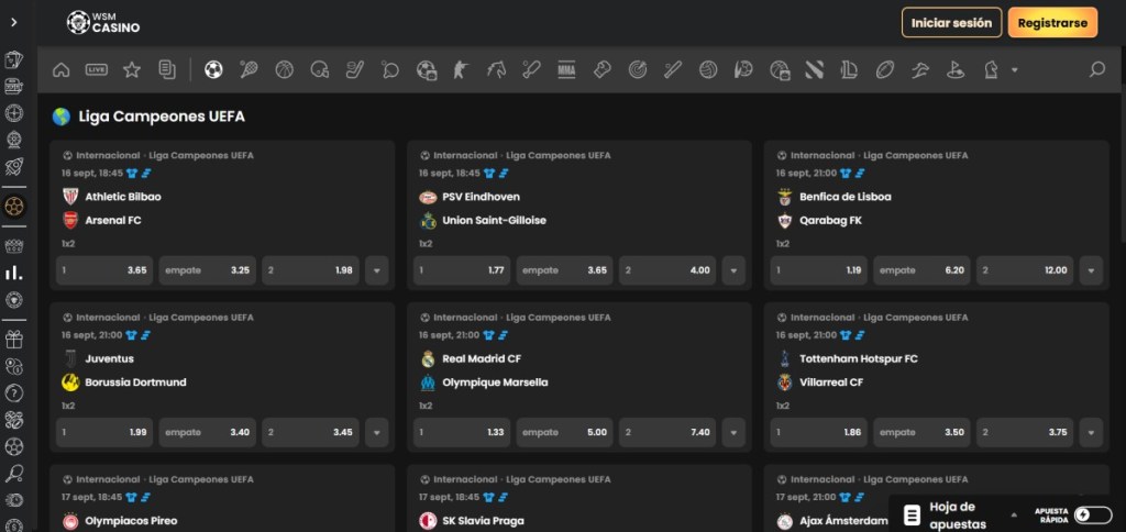 En WSM Casino puedes apostar a la Champions League