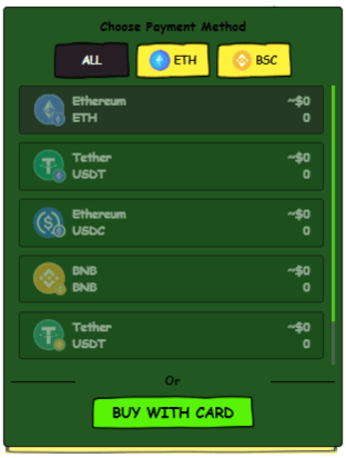 Choosing a payment method (crypto or card) to buy $MAXI tokens.