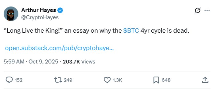 Arthur Hayes’ thesis announcement on X.