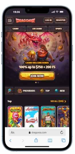A mobile screenshot of the top Gigadat online casino in Canada - Dragonia