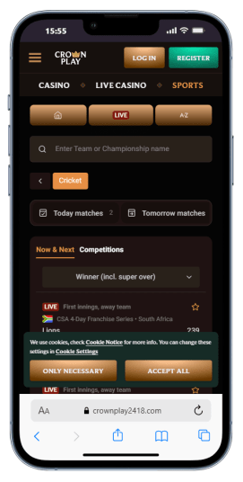 The Crown Play cricket betting page on mobile