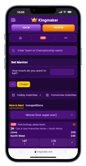 The Kingmaker cricket betting page on mobile