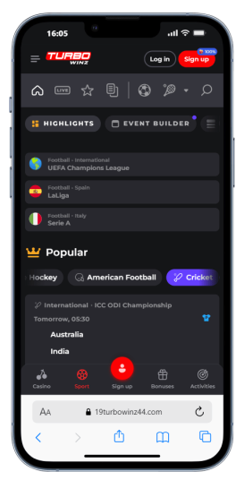 The Turbowinz cricket betting page on mobile