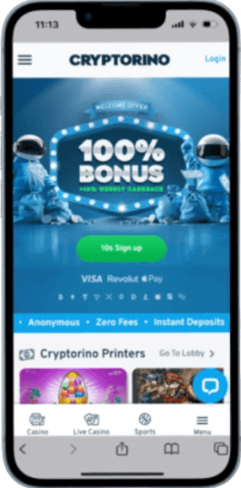The Cryptorino homepage on mobile.
