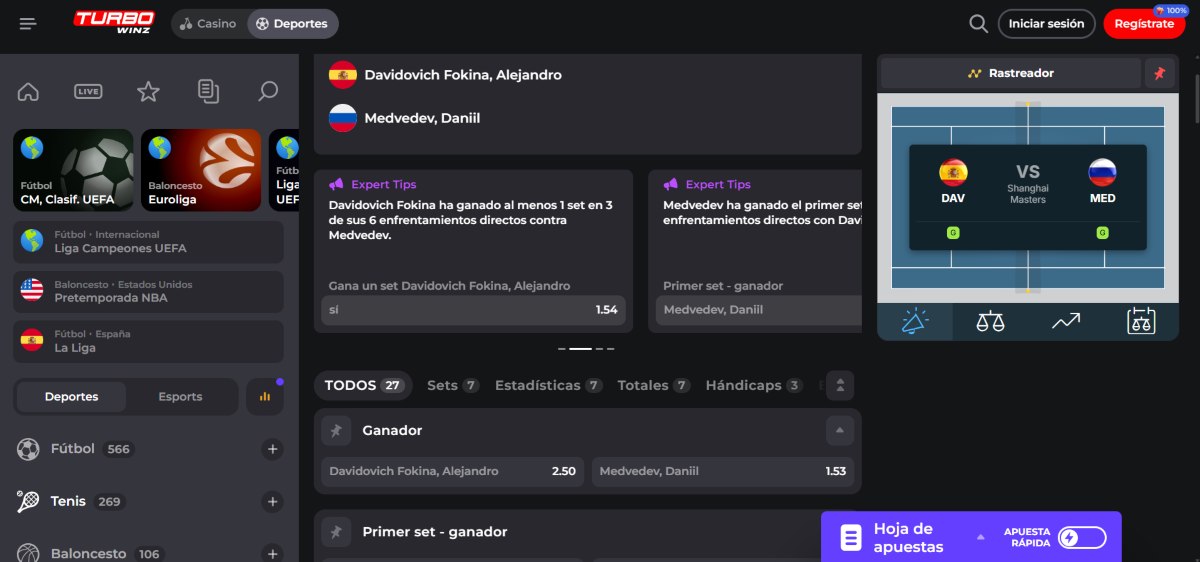 TurboWinz permite consultar cuotas para los mejores torneos de tenis