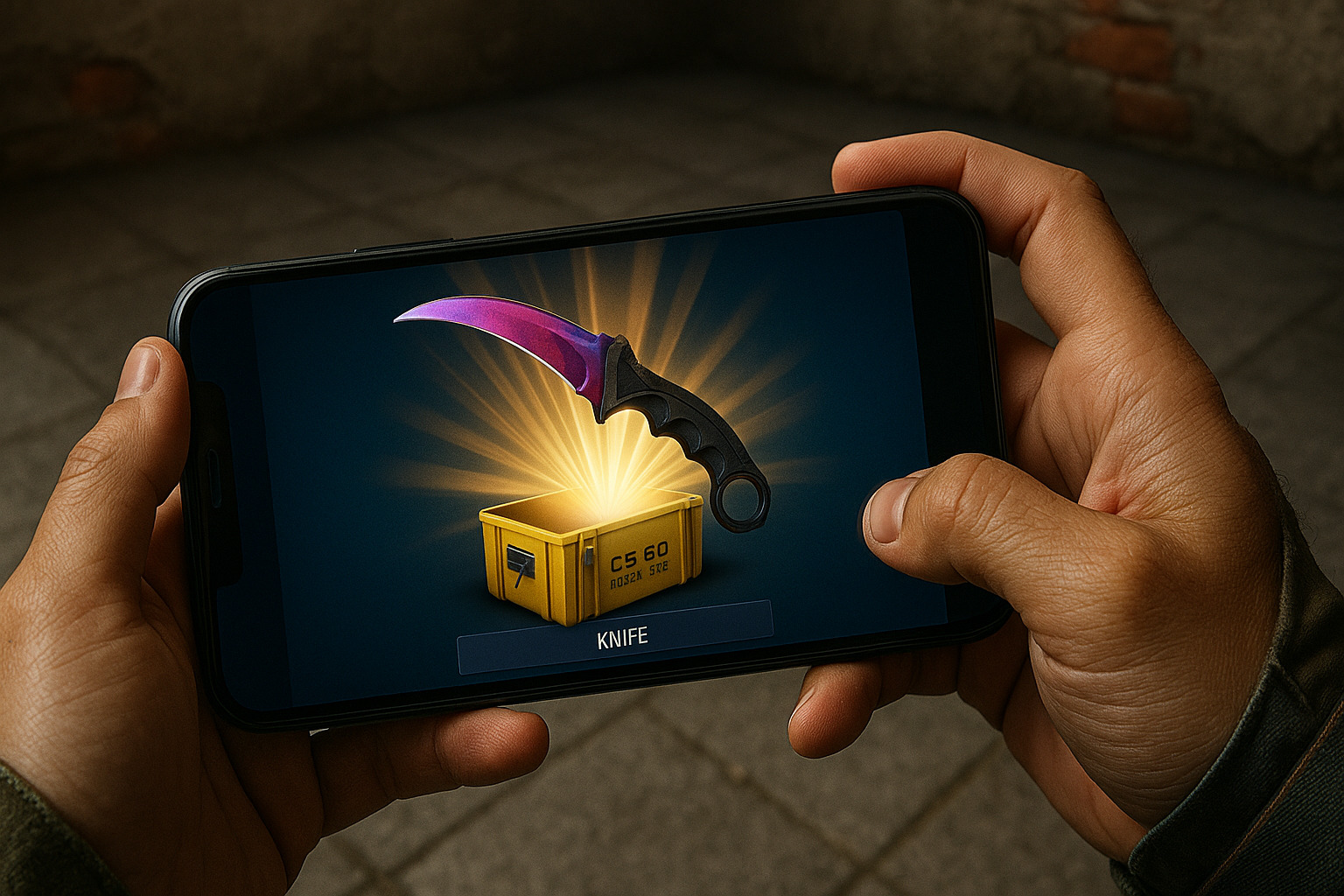 CSGO武器ケース解放シーンのスクリーンショット風の画像｜ケースが開いてナイフが光って出てくる演出