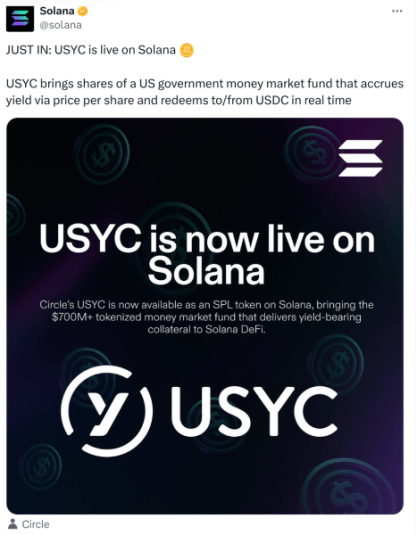 Circle's $USYC Solana announcement on X