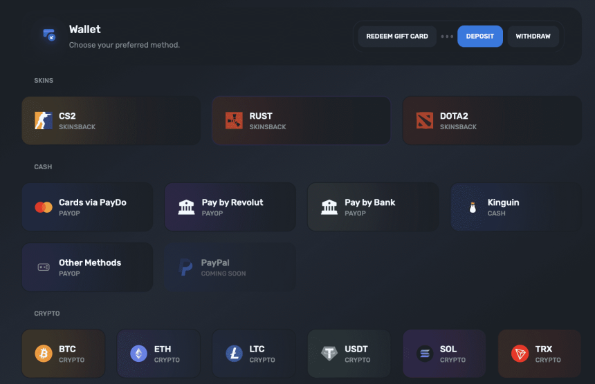 SkinsLuck platební metody