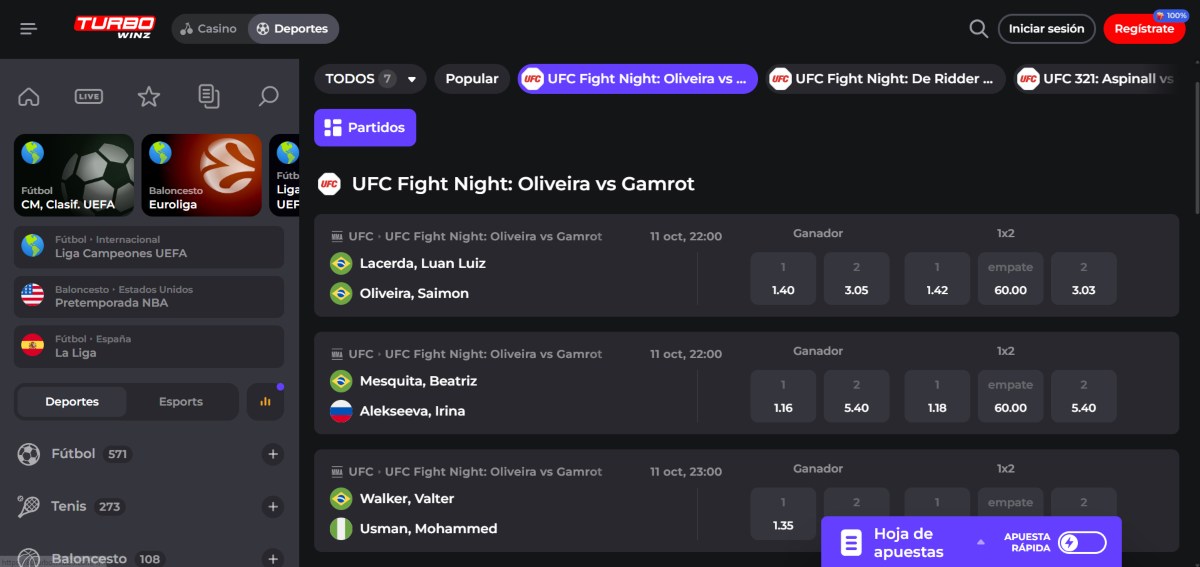 Turbowinz pone cientos de mercados a tu disposición para apostar en la UFC online