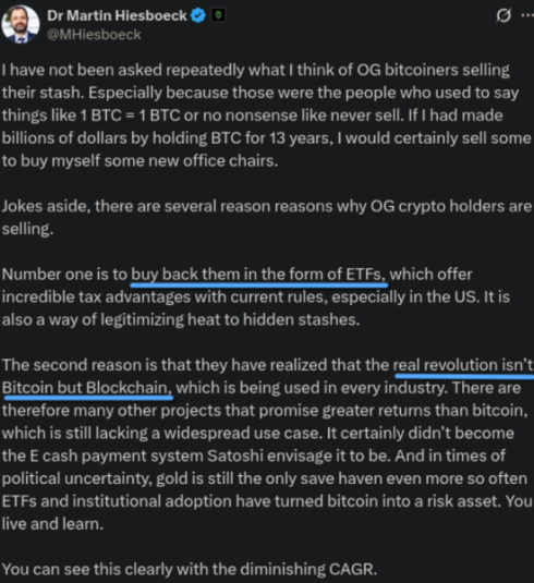 Dr Martin Hiesboeck’s post about Bitcoin OG whales selling their tokens
